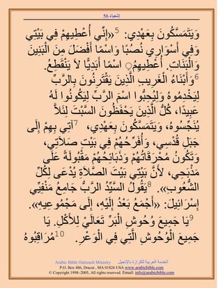 ‫َ َ‬
                                           ‫اٗؼ٤خء 65‬



      ‫ْ‬
 ‫ط٤ْٜ كِ٢ رَ٤ظِ٢‬             ‫ِ ِْ‬       ‫ٝ٣َظٌَٕٔٔٞ رِؼٜي١: 5«اِِّٗ٢ أُػْ‬
                                                               ‫َ َ َّو ُ َ َ ْ ِ‬
  ‫ٝكِ٢ أَٓٞحٍ١ ُٜٗزًخ ٝحٓٔخ أَك٠َ ٖٓ حُزَِ٘٤ٖ‬
  ‫ُ َ ْ ً ْ َ َ ِ َ ْ َ‬                                                  ‫ْ َ ِ‬            ‫َ‬
            ‫ٝحُزََ٘خص. أُػط٤ْٜ ِ حٓٔخ أَرَي٣ًّخ ٫َ ٣َ٘وَطغ.‬
               ‫ْ ِ ُ‬                        ‫ْ ً ِ‬             ‫َ ْ ِ ْ ِ ُِ‬
                 ‫َ ْ ُ ْ َ ِ ِ ِ َ ْ ِ ٕٞ رِخََُّود‬
                  ‫ِّ‬                  ‫َ‬      ‫6ٝأَرَ٘خء حُـَ٣ذ حَُّوٌ٣ٖ ٣َوظََُٗ‬
                                   ‫ِّ ُ‬
                ‫ُِ٤َويُٓٞٙ ُِٝ٤ُلزُّدٞح حْٓ حََُّود ُِ٤ٌَُٞٗٞح َُُٚ‬
                                                         ‫َْ‬          ‫ْ ُِ َ ِ‬
                     ‫ػزِ٤يح، ًَُّد حَُّوٌ٣ٖ ٣َللَظُٕٞ حُٔزض ُِجَ٬َّو‬
                                 ‫َ َّو ْ َ‬                  ‫َ ً ُ ِ َ ْ‬
  ‫ِْ ٠‬                                          ‫َ َ َّو ُ َ َ ْ ِ‬
    ‫٣َُ٘ـُُٔٞٙ، ٝ٣َظٌَٕٔٔٞ رِؼٜي١، 7آطِ٢ رِْٜ اَُِ‬                                 ‫ِّ‬
            ‫ؿزََ هُيٓ٢، ٝأُكََكُْٜ كِ٢ رَ٤ض ٛ٬َطِ٢،‬
                               ‫ْ ِ َ‬                    ‫َ ِّ ُ ْ‬            ‫َ ِ ْ ِ‬
                                      ‫َ ُ ُ ُ ْ َ ْ ََ ُ ْ َْ‬
            ‫ٝطٌَٕٞ ٓلَهَخطُُْٜ ًٝرَخثِلُْٜ ٓوزَُُٞشً ػَِ٠‬
                        ‫َ‬
     ‫ٌٓرَل٢، ٧َٕ رَ٤ظِ٢ رَ٤ض حُٜ٬َس ٣ُيػ٠ ٌَُِ‬
        ‫َّو ِ ْ َ ُ ِّ‬                               ‫ْ َ‬           ‫َّو ْ‬         ‫َْ ِ‬
             ‫حُ٘ؼُٞد». 8٣َوٍُٞ حُٔ٤ِّي حََُّودُّد ؿخٓغ ْٓ٘‬
   ‫َ ِ ُ َ لِ٤ِّ٢‬                                  ‫ُ َّو ُ‬                   ‫ِ‬        ‫ُّد‬
  ‫آَِحثِ٤َ: «أَؿٔغ رَؼي اَُِ٤ٚ، اَُِ٠ ٓـٔٞػ٤ٚ».‬
          ‫َ ْ ُ ِ ِ‬                              ‫ْ َ ُ ُْ ِْ‬                   ‫ْ َ َ‬
            ‫َ. ٣َخ‬         ‫ِ‬ ‫9٣َخ ؿٔ٤غ ٝكُٕٞ حُزََ طَؼخَُ٢ ُِ٨ًَْ‬
                                         ‫ِ ْ ِّ َ ْ‬                   ‫َ ِ َ ُ‬
‫َٓحهِزُُٞٙ‬  ‫ُ َ‬           ‫01‬
                                    ‫ِ‬     ‫َْ ْ‬
                                  ‫ؿٔ٤غ حُٞكُٕٞ حَُّوظِ٢ كِ٢ حُٞػَ.‬
                                                                 ‫ِ‬         ‫َ ِ َ ُْ‬
                ‫‪Arabic Bible Outreach Ministry‬‬      ‫حُويٓش حُؼَر٤ش ٌَُِحُس رخ٩ٗـ٤َ‬
                  ‫‪P.O. Box , Dracut , MAUSA www.arabicbible.com‬‬
             ‫‪© Copyright , All rights reserved. Email: info@arabicbible.com‬‬
 