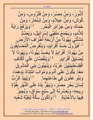 ‫َ َ‬
                                        ‫اٗؼ٤خء 11‬



                  ‫أٍَٗٞ، ٖٝٓ َٜٓ، ٖٝٓ كَظَُّٝ، ٖٝٓ‬
                  ‫َ َ ِ ْ‬                ‫ُّد َ َ ِ ْ ِ ْ َ َ ِ ْ ْ‬
                     ‫ُ َ َ ِ ْ ِ َ َ ِ ْ َِْ َ َ ِ ْ‬
                     ‫ًٕٞ، ٖٝٓ ػ٤٬َّ، ٖٝٓ ٗ٘ؼخٍ، ٖٝٓ‬
  ‫كٔخسَ، ٖٝٓ ؿِحثَِ حُزَلَ. 21ٝ٣ََكَغ ٍح٣َشً‬
             ‫َ ْ ُ َ‬                          ‫ِ‬  ‫َ َ َ ِ ْ َ َ ِ ْ ْ‬
                      ‫ُِ٨ُْٓ، ٝ٣َـٔغ ٓ٘لِ٤ِّ٢ آَِحثِ٤َ، ٝ٣َ٠ْ‬
                       ‫ْ َ َ َ ُ ُّد‬                   ‫َِ َ ْ َ ُ َْ‬
              ‫ِ‬             ‫َ ِ ْ ْ َ ِ ْ َ ِ ْ‬
            ‫ٓ٘ظَّوظِ٢ ٣ًَُٜٞح ٖٓ أٍَرَؼش أَ١َحف ح٧ٍَٝ.‬                   ‫ُ َ‬
‫31كَ٤ٍَِٝ كٔي أَكَح٣ِْ، ٝ٣َ٘وََُٝ حُٔ٠خ٣ِوُٕٞ‬
‫َ‬                   ‫ُْ َ‬               ‫ِ‬   ‫ُ ُ َ َُ ْ َ َ َ ْ‬
    ‫ٖٓ ٣ًَُٜٞح. أَكَح٣ِْ ٫َ ٣َلٔي ٣ًَُٜٞح، ٝ٣ًَُٜٞح ٫َ‬
                 ‫َ َ َ‬                      ‫ْ ِ ُ‬      ‫َ ْ َ ُ‬            ‫ِ ْ‬
         ‫ظَخف‬
          ‫ِ‬          ‫٣ُ٠خ٣ِن أَكَح٣ِْ. 41ٝ٣َ٘وَ٠َّوخٕ ػَِ٠ أًَْ‬
                               ‫ِ َ‬              ‫َ ْ‬          ‫َ ُ ْ َ َ‬
                          ‫َْ ْ‬            ‫َ ْ َ‬          ‫ْ ْ ِ َ َ ْ‬
            ‫حُلِِِٔط٤ِ٘٤ِّ٤ٖ ؿَرًخ، ٝ٣ََٜ٘زُٕٞ رَِ٘٢ حَُٔ٘م‬
            ‫ِ ِ‬
        ‫ٓؼخ. ٣ٌَٕٞ ػَِ٠ أَىّٝ ٝٓٞآد حٓظِيحى ٣َيٛٔخ،‬
             ‫ُ َ َ ُ َ ْ َ ُ ِ َِ‬                              ‫ًَ ُ ُ َ‬
     ‫َ حََُّودُّد‬     ‫ٝرَُ٘ٞ ػٕٔٞ كِ٢ ١َخػظِٜٔخ. 51ٝ٣ُزِ٤يُ‬
                                                ‫َ َِ‬             ‫َ ُّد َ‬     ‫َ‬
   ‫ُِٔخٕ رَلَ َٜٓ، ٝ٣َُِٜ ٣َيُٙ ػَِ٠ حَُّ٘وَٜ رِوُٞس‬
   ‫ْ ِ َّو ِ‬                     ‫َ َ ْ ِ ِ ْ َ َ ُّد َ َ‬
                ‫ٍ٣لٚ، ٝ٣َ٠َرُُٚ اَُِ٠ ٓزغ ٓٞحم، ٝ٣ُـ٤ِ‬
                ‫َ ِ ُ‬                 ‫َْ ِ َ َ‬              ‫ِ ِ ِ َ ْ ِ‬
         ‫كِ٤َٜخ رِخ٧َكٌ٣َش. 61ٝطٌَٕٞ ٌٓشٌ ُِزَوِ٤َّوش ٗؼزِٚ‬
         ‫ِ َْ ِ‬                    ‫َ ُ ُ ِ َّو‬                ‫ْ ِ ِ‬
             ‫‪Arabic Bible Outreach Ministry‬‬      ‫حُويٓش حُؼَر٤ش ٌَُِحُس رخ٩ٗـ٤َ‬
               ‫‪P.O. Box , Dracut , MAUSA www.arabicbible.com‬‬
          ‫‪© Copyright , All rights reserved. Email: info@arabicbible.com‬‬
 