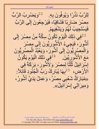 َ َ
                                     19 ‫اٗؼ٤خء‬



                                               َ ً ْ ِّ
                                   .ِٚ‫ََُِِّود ٌٍَٗح ٝ٣ُٞكُٕٞ ر‬
                            22
‫ٝ٣َ٠َدُ حََُّودُّد‬   ِ   ْ َ        ِ َ
     ‫َٜٓ ٟخٍرًخ كَ٘خكِ٤ًخ، كَ٤ََؿؼُٕٞ اَُِ٠ حََُّود‬
     ِّ                    َ ِ ْ           َ     ِ َ َ ْ ِ
                                     ِْ ْ َ ْ
                                   .ْٜ٤ِ‫كَ٤َٔظَـ٤ذُ َُُْٜ ٝ٣َ٘ل‬
                                                         ِ ْ
   ٠ َ ْ ِ ْ ِ ‫َ ْ ْ ِ ُ ُ ِ َّو‬
        َُِ‫32كِ٢ ًُِي حُ٤َّٞ طٌَٕٞ ٌٓشٌ ٖٓ َٜٓ ا‬
                  َٜٓ ٠َُِ‫أٍَٗٞ، كَ٤َـ٢ء ح٧ٍَٗٞ٣ُّدٕٞ ا‬
                  َ ْ ِ         َ ِ ‫ُّد‬      ُ ِ          َ ‫ُّد‬
    ٕٞ‫ٝحَُٜٔ٣ُّدٕٞ اَُِ٠ أٍَٗٞ، ٝ٣َؼزُي حَُٜٔ٣ُّد‬
    َ ِ ْ ِ ْ ُ ْ َ َ ‫ُّد‬                       َ ِ ْ ِْ َ
          ٕٞ ِ ْ ْ َ
           ُ     ٌَُ٣ َّٞ٤ُ‫ٓغ ح٧ٍَٗٞ٣ِّ٤ٖ. 42كِ٢ ًُِي ح‬
                                              َ ِ ‫ُّد‬        َ َ
             ٢ِ‫آَِحثِ٤َ ػُُِؼًخ َُِٜٔ ٝ٧ٍَٗٞ، رًََشً ك‬
                        َ َ َ ‫ِ ْ َ َ ُّد‬             ُ َ ْ
        :ً٬ِ‫ح٧ٍَٝ، 52رَِٜخ ٣ُزَخٍى ٍدُّد حُـُ٘ٞى هَخث‬
                       ِ ُ ْ َ ُ ِ                     ِ ْ
     ،ٍَُٞٗ‫«ٓزَخٍى ٗؼزِ٢ َُٜٓ، ٝػَٔ ٣َي١ أ‬
              ‫َ َ َ ُ َ َّو ُّد‬         ْ ِ َْ ٌ َ ُ
                                          ُ َ ْ
                                       .»َ٤ِ‫ٝٓ٤َحػِ٢ آَِحث‬َ ِ َ




          Arabic Bible Outreach Ministry      َ٤‫حُويٓش حُؼَر٤ش ٌَُِحُس رخ٩ٗـ‬
            P.O. Box , Dracut , MAUSA www.arabicbible.com
       © Copyright , All rights reserved. Email: info@arabicbible.com
 