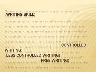 WRITING SKILL)




                        CONTROLLED
WRITING)
LESS CONTROLLED WRITING)
               FREE WRITING)
 
