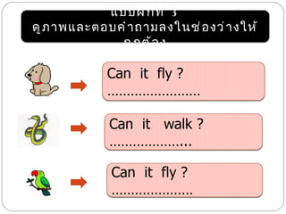 แบบฝึ ก ที ่ 3
ดู ภ าพและตอบคำ า ถามลงในช่ อ งว่ า งให้
              ถู ก ต้ อ ง

             Can it fly ?
             ……………………

             Can it walk ?
             ………………...

              Can it fly ?
              …………………
 