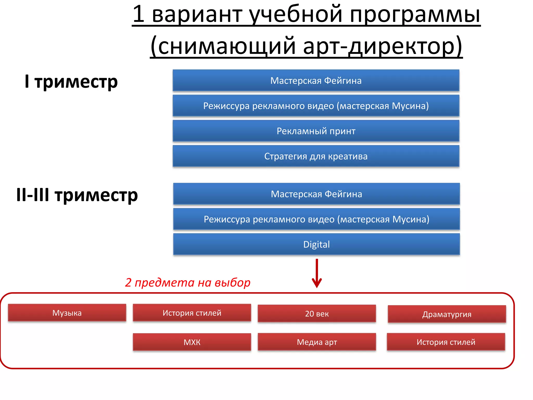 1 вариант учебной программы
                 (снимающий арт-директор)
 I триместр                               Мастерская Фейгина

                             Режиссура рекламного видео (мастерская Мусина)

                                           Рекламный принт

                                         Стратегия для креатива



II-III триместр                           Мастерская Фейгина

                             Режиссура рекламного видео (мастерская Мусина)

                                                 Digital


              2 предмета на выбор

    Музыка         История стилей                20 век                  Драматургия


                       МХК                      Медиа арт               История стилей
 