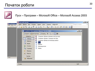 30
Початок роботи

    Пуск – Програми – Microsoft Office – Microsoft Access 2003
 