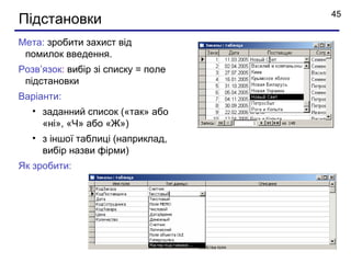 45
Підстановки
Мета: зробити захист від
 помилок введення.
Розв’язок: вибір зі списку = поле
 підстановки
Варіанти:
   • заданний список («так» або
     «ні», «Ч» або «Ж»)
   • з іншої таблиці (наприклад,
     вибір назви фірми)
Як зробити:
 