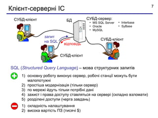 7
Клієнт-серверні ІС
 СУБД-клієнт                 БД         СУБД-сервер:
                                         • MS SQL Server   • Interbase
                                         • Oracle          • SyBase
                                         • MySQL

                 запит
                                               СУБД-клієнт
                 на SQL
                            відповідь

                          СУБД-клієнт


SQL (Structured Query Language) – мова структурних запитів
     1) основну роботу виконує сервер, робочі станції можуть бути
        малопотужні
     2) простіша модернізація (тільки сервер)
     3) по мережі йдуть тільки потрібні дані
     4) захист і права доступу ставляться на сервері (складно взломати)
     5) розділені доступи (черга завдань)
     1) складність налаштування
     2) висока вартість ПЗ (тисячі $)
 