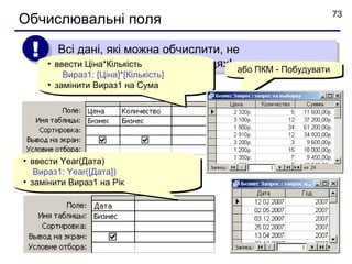 73
Обчислювальні поля

  !   •
           Всі дані, які можна обчислити, не
           повинні зберігатися в таблицях! або ПКМ - Побудувати
          ввести Ціна*Кількість
          Вираз1: [Ціна]*[Кількість]
      • замінити Вираз1 на Сума




• ввести Year(Дата)
   Вираз1: Year([Дата])
• замінити Вираз1 на Рік
 