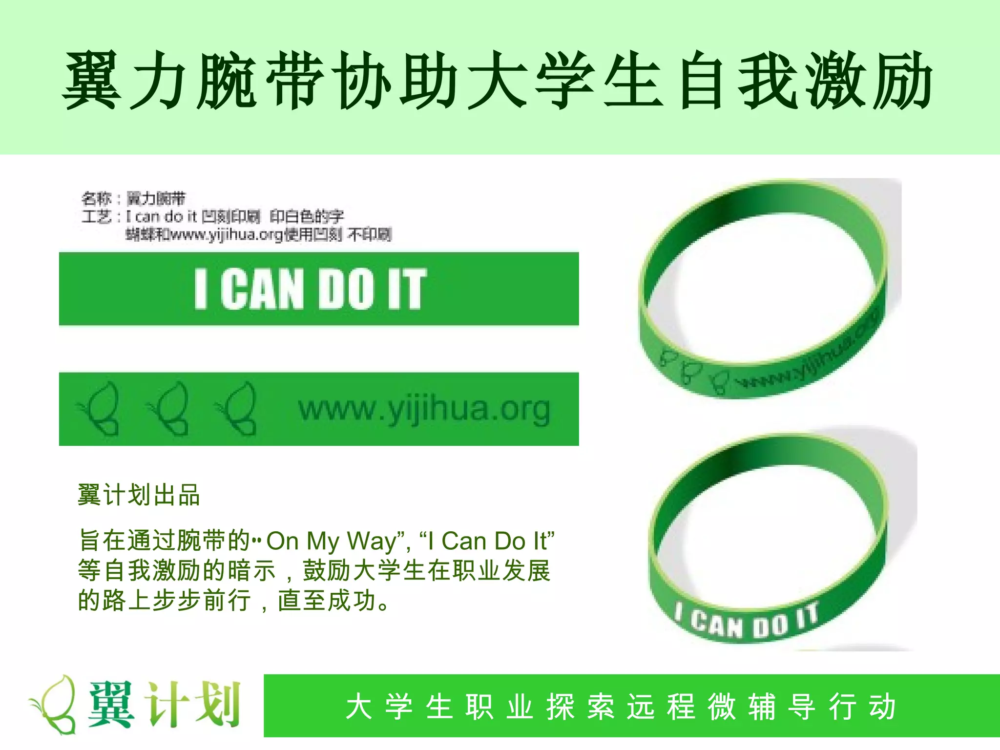 翼力腕带协助大学生自我激励




翼计划出品
旨在通过腕带的“ On My Way”, “I Can Do It”
等自我激励的暗示，鼓励大学生在职业发展
的路上步步前行，直至成功。



                 大 学 生 职 业 探 索发 程 微公 导 行行 动
                  大   生 职 业 远 展 辅 益 动
 