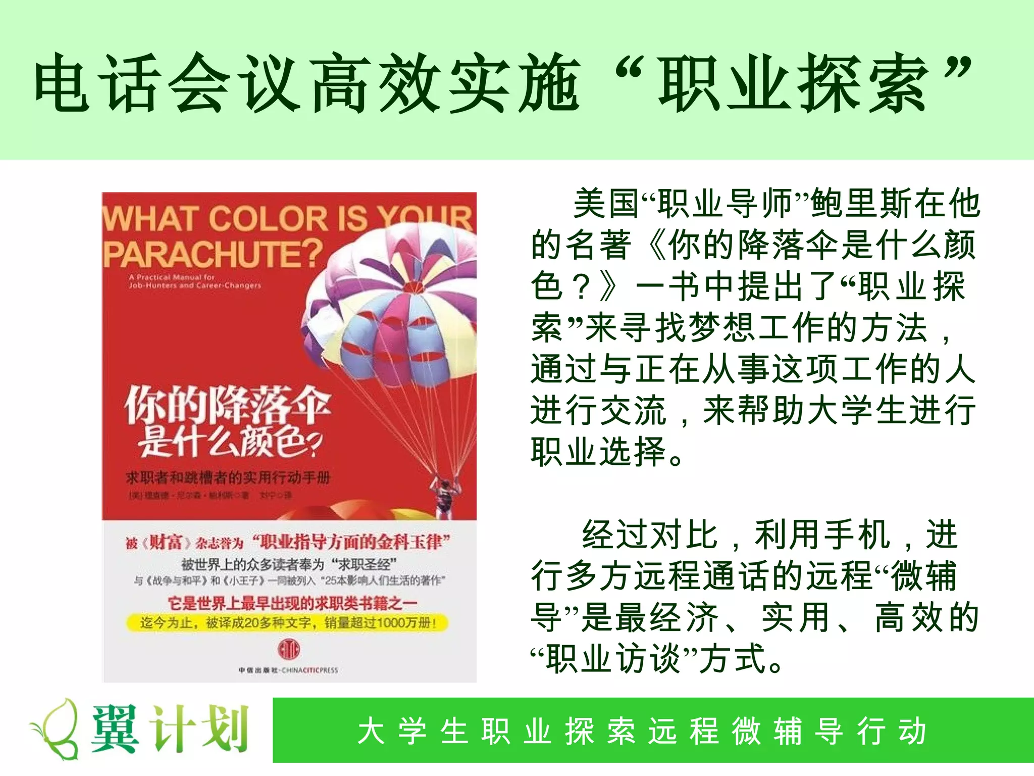 电话会议高效实施“职业探索”
            美国“职业导师”鲍里斯在他
           的名著《你的降落伞是什么颜
           色？》一书中提出了“职业探
           索”来寻找梦想工作的方法，
           通过与正在从事这项工作的人
           进行交流，来帮助大学生进行
           职业选择。

             经过对比，利用手机，进
           行多方远程通话的远程“微辅
           导”是最经济、实用、高效的
           “职业访谈”方式。

    大 学 生 职 业 探 索发 程 微公 导 行行 动
     大   生 职 业 远 展 辅 益 动
 