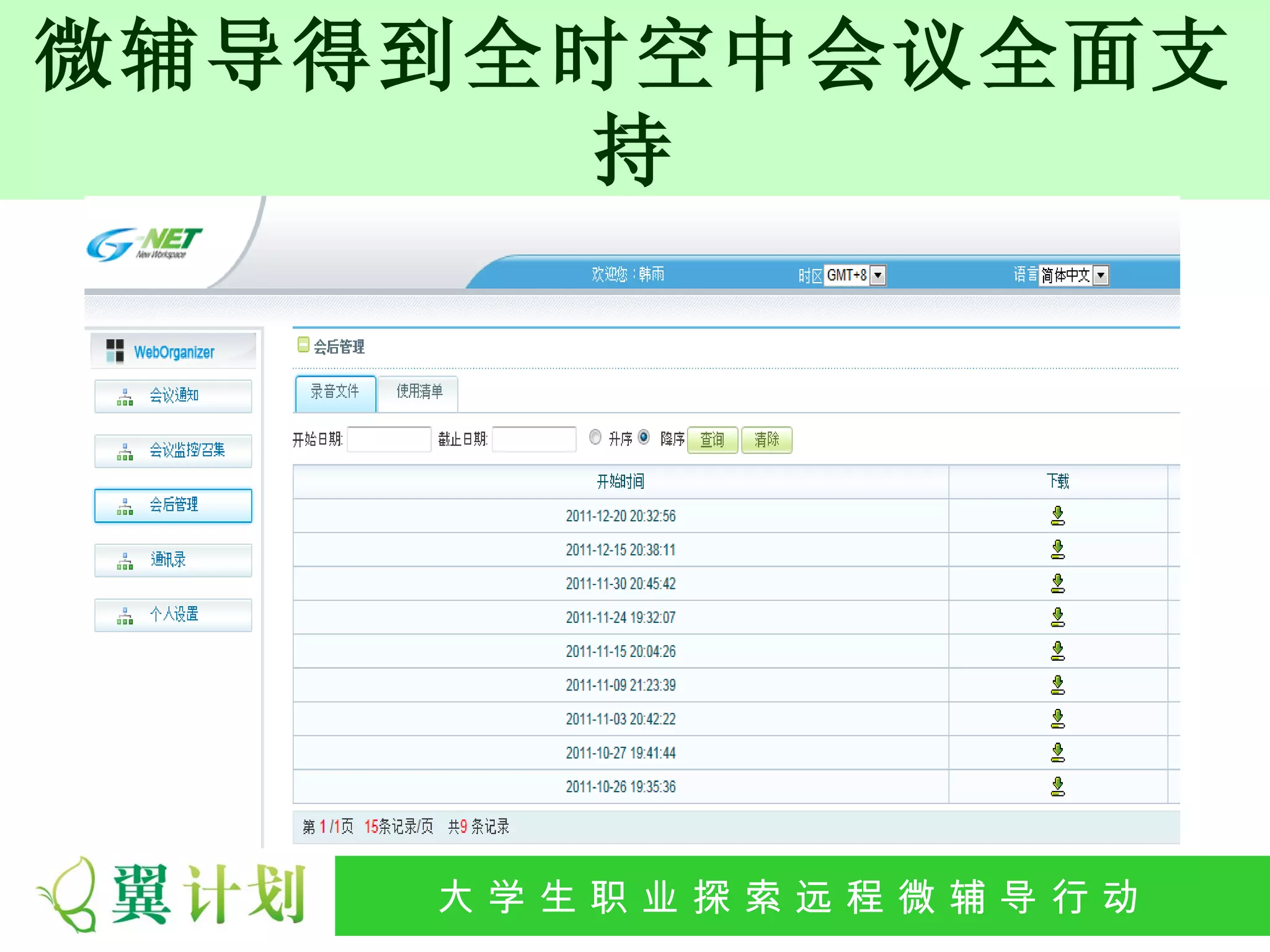 微辅导得到全时空中会议全面支
       持




    大 学 生 职 业 探 索发 程 微公 导 行行 动
     大   生 职 业 远 展 辅 益 动
 