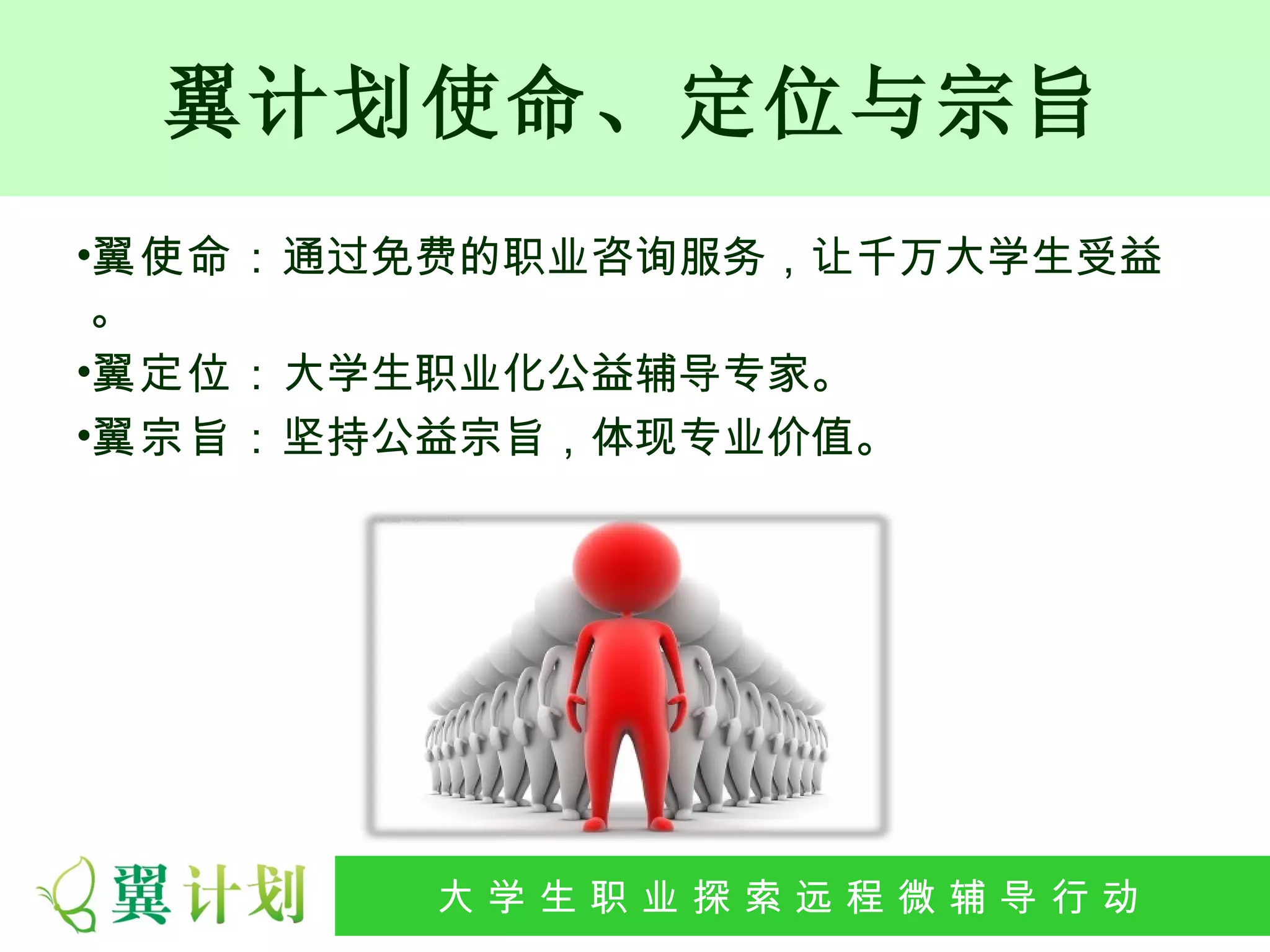 翼计划使命、定位与宗旨
•翼使命：通过免费的职业咨询服务，让千万大学生受益
 。
•翼定位：大学生职业化公益辅导专家。
•翼宗旨：坚持公益宗旨，体现专业价值。




       大 学 生 职 业 探 索发 程 微公 导 行行 动
        大   生 职 业 远 展 辅 益 动
 