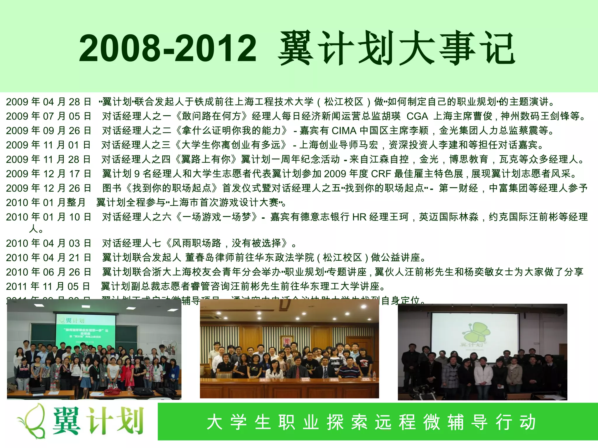 2008-2012 翼计划大事记
2009 年 04 月 28 日   “翼计划”联合发起人于铁成前往上海工程技术大学（松江校区）做“如何制定自己的职业规划”        的主题演讲。
2009 年 07 月 05 日    对话经理人之一《敢问路在何方》经理人每日经济新闻运营总监胡瑛 CGA 上海主席曹俊 , 神州数码王剑锋等。
2009 年 09 月 26 日    对话经理人之二《拿什么证明你我的能力》 - 嘉宾有 CIMA 中国区主席李颖，金光集团人力总监蔡震等。
2009 年 11 月 01 日    对话经理人之三《大学生你离创业有多远》 - 上海创业导师马宏，资深投资人李建和等担任对话嘉宾。
2009 年 11 月 28 日    对话经理人之四《翼路上有你》翼计划一周年纪念活动 – 来自江森自控，金光，博思教育，瓦克等众多经理人。
2009 年 12 月 17 日    翼计划 9 名经理人和大学生志愿者代表翼计划参加 2009 年度 CRF 最佳雇主特色展 , 展现翼计划志愿者风采。
2009 年 12 月 26 日    图书《找到你的职场起点》首发仪式暨对话经理人之五“找到你的职场起点” – 第一财经，中富集团等经理人参予
2010 年 01 月整月      翼计划全程参与“上海市首次游戏设计大赛”。
2010 年 01 月 10 日    对话经理人之六《一场游戏一场梦》– 嘉宾有德意志银行 HR 经理王珂，英迈国际林淼，约克国际汪前彬等经理
    人。
2010 年 04 月 03 日   对话经理人七《风雨职场路，没有被选择》。
2010 年 04 月 21 日   翼计划联合发起人 董春岛律师前往华东政法学院 ( 松江校区 ) 做公益讲座。
2010 年 06 月 26 日   翼计划联合浙大上海校友会青年分会举办“职业规划”专题讲座 , 翼伙人汪前彬先生和杨奕敏女士为大家做了分享
2011 年 11 月 05 日   翼计划副总裁志愿者睿管咨询汪前彬先生前往华东理工大学讲座。
2011 年 09 月 20 日   翼计划正式启动微辅导项目，通过空中电话会议协助大学生找到自身定位。




                              大 学 生 职 业 探 索发 程 微公 导 行行 动
                               大   生 职 业 远 展 辅 益 动
 