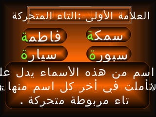 ‫العلمة العلمةالتاء المتحركة‬
         ‫الولى : الولى‬

     ‫فاطم ة‬        ‫سمك ة‬
     ‫سيار ة‬        ‫سبور ة‬
 ‫اسم من هذه السماء يدل عل‬
‫تأملت في أخر كل ، اسم منها و‬
‫لسماء تدل على المؤنث فما علمة التأ‬
      ‫تاء مربوطة متحركة .‬
 