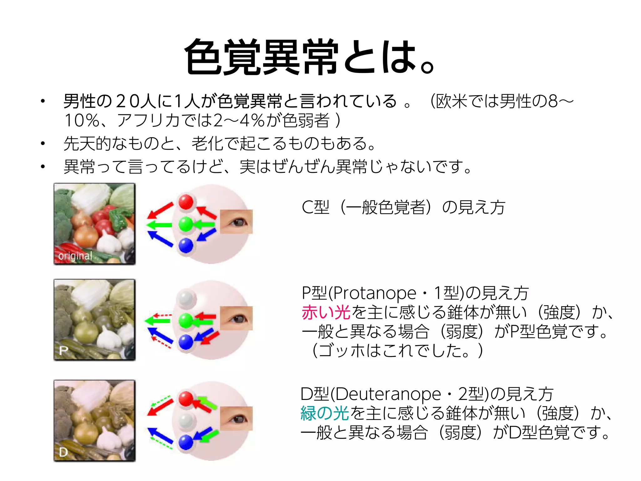 色覚異常とは。
•   男性の２0人に1人が色覚異常と言われている 。（欧米では男性の8∼
    10％、アフリカでは2∼4％が色弱者 ）
•   先天的なものと、老化で起こるものもある。
•   異常って言ってるけど、実はぜんぜん異常じゃないです。

                   C型（一般色覚者）の見え方




                   P型(Protanope・1型)の見え方
                   赤い光を主に感じる錐体が無い（強度）か、
                   一般と異なる場合（弱度）がP型色覚です。
                   （ゴッホはこれでした。）

                   D型(Deuteranope・2型)の見え方
                   緑の光を主に感じる錐体が無い（強度）か、
                   一般と異なる場合（弱度）がD型色覚です。
 