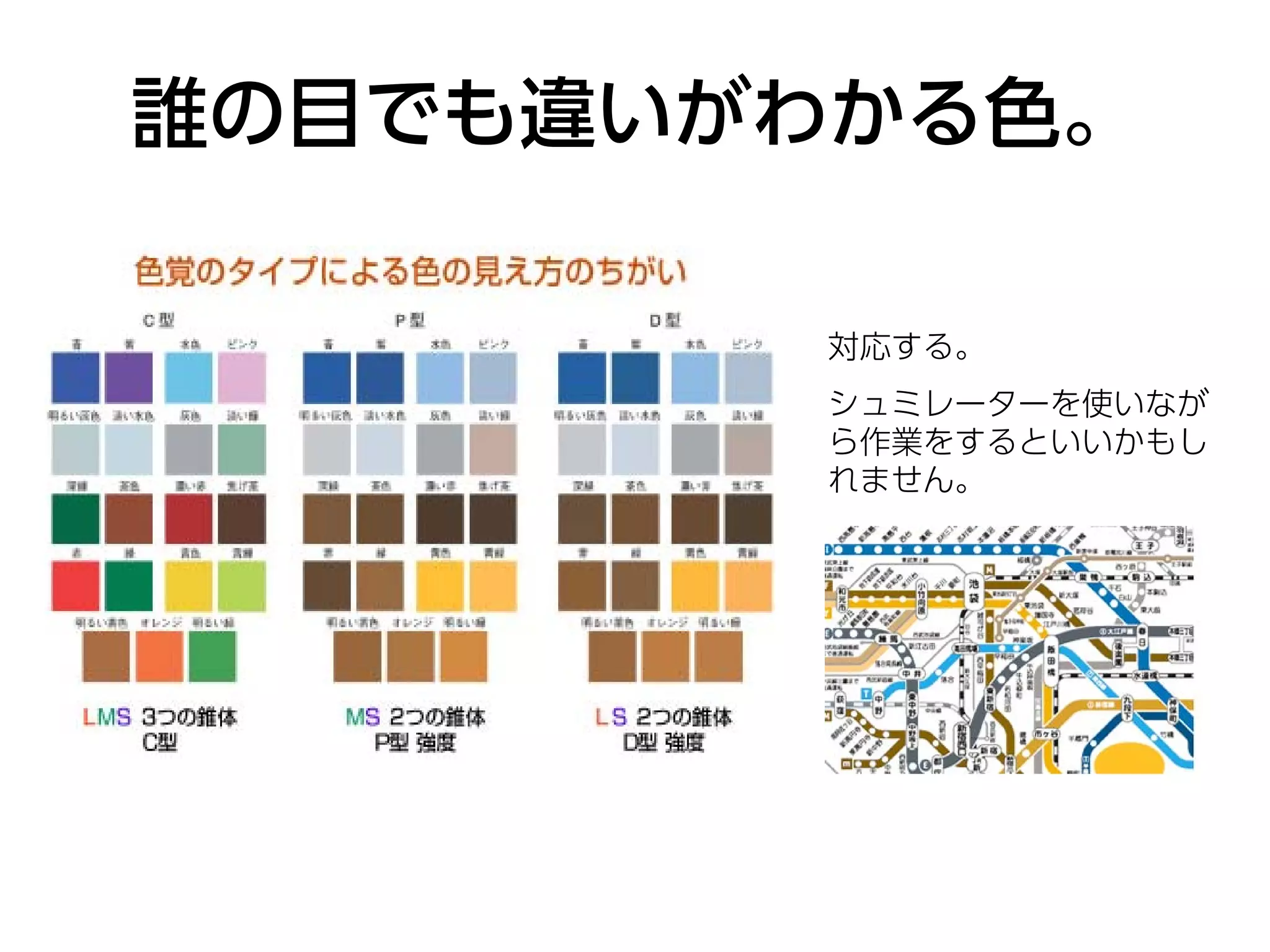 誰の目でも違いがわかる色。

        対応する。
        シュミレーターを使いなが
        ら作業をするといいかもし
        れません。
 
