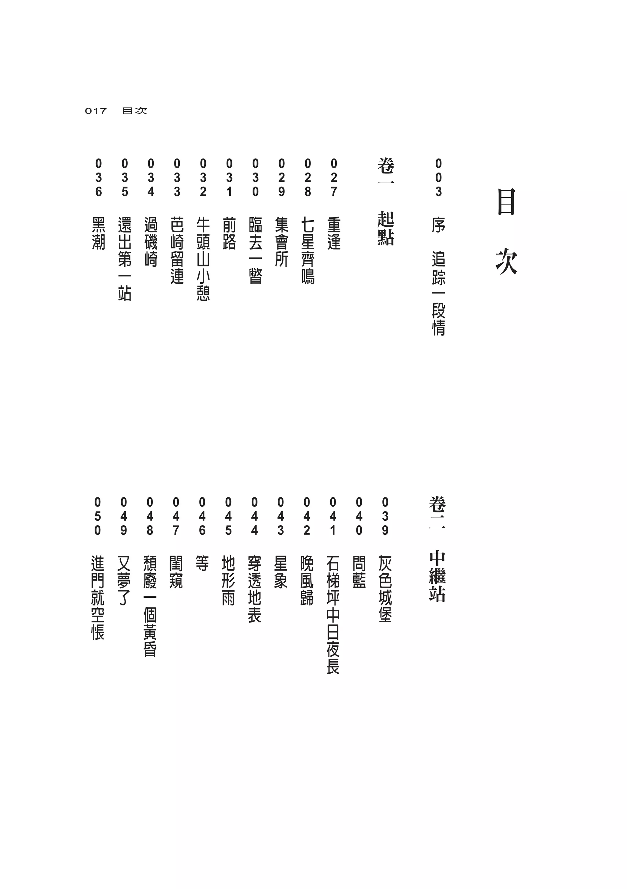 017　目次




 0        0        0        0        0        0        0        0        0        0
                                                                                                        卷
                                                                                                                 0
                                                                                                                            　
                                                                                                        一
 3
　6
          3
         　5
                   3
                  　4
                            3
                           　3
                                     3
                                    　2
                                              3
                                             　1
                                                       3
                                                      　0
                                                                2
                                                               　9
                                                                         2
                                                                        　8
                                                                                  2
                                                                                 　7            　
                                                                                                                 0
                                                                                                                　3
                                                                                                                                目
     黑        還        過        芭        牛        前        臨        集        七        重                 起
                                                                                                        點
                                                                                                                        序   　
     潮        出        磯        崎        頭        路        去        會        星        逢                         　
              第        崎        留        山                 一        所        齊                                          追       次
              一                 連        小                 瞥                 鳴                                          踪
              站                          憩                                                                              一
                                                                                                                        段
                                                                                                                        情




                                                                                                                    卷
 0        0        0        0        0        0        0        0        0        0        0        0
 5        4        4        4        4        4        4        4        4        4        4        3
                                                                                                                    二
　0       　9       　8       　7       　6       　5       　4       　3       　2       　1       　0       　9       　
 進        又        頹        閨        等        地        穿        星        晚        石        問        灰               中
 門        夢        廢        窺                 形        透        象        風        梯        藍        色               繼
 就        了        一                          雨        地                 歸        坪                 城               站
 空                 個                                   表                          中                 堡
 悵                 黃                                                              日
                   昏                                                              夜
                                                                                  長
 