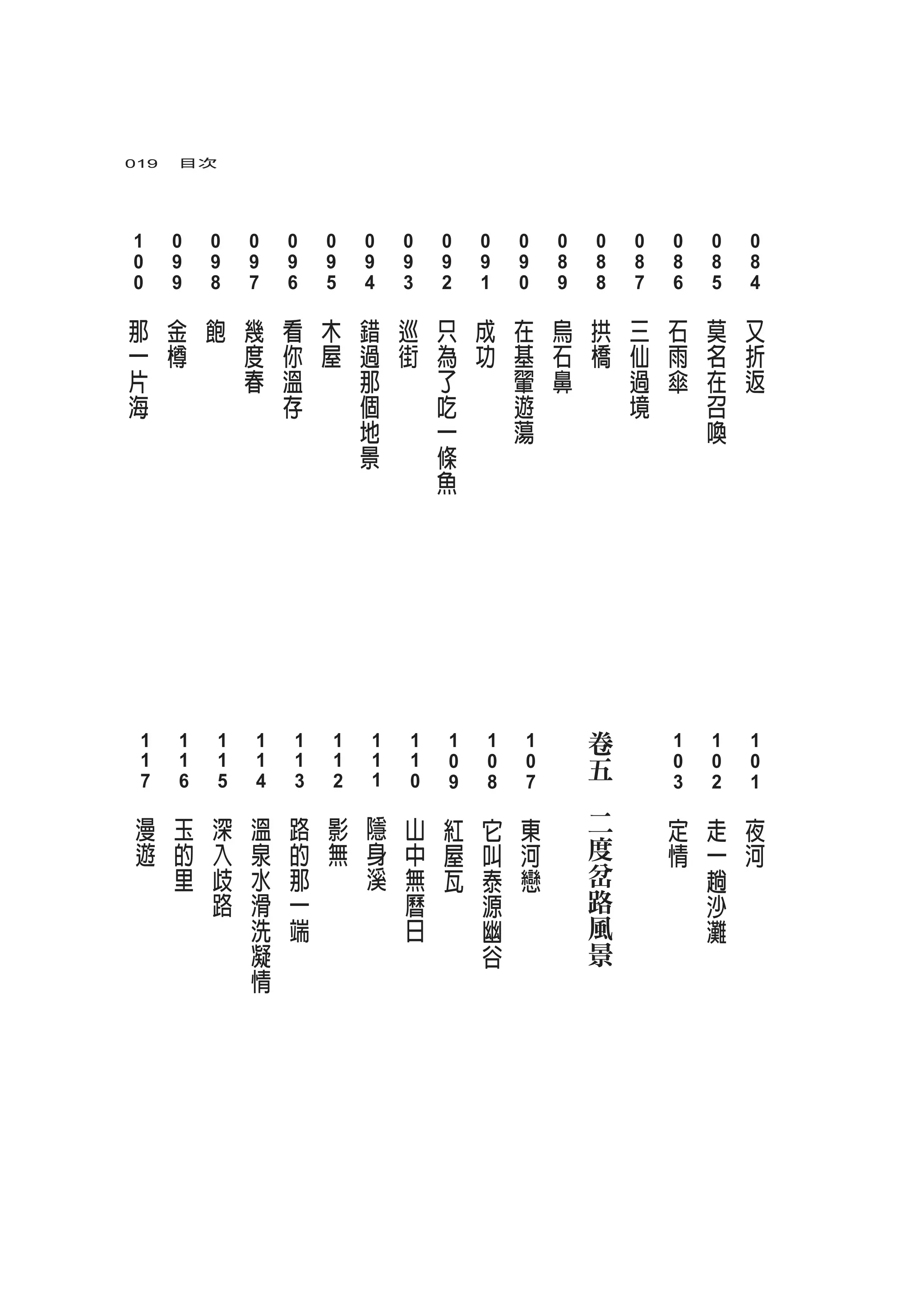 019　目次




 1        0        0        0        0        0        0        0        0        0        0        0        0        0    0    0    0
 0        9        9        9        9        9        9        9        9        9        9        8        8        8    8    8    8
　0       　9       　8       　7       　6       　5       　4       　3       　2       　1       　0       　9       　8       　7   　6   　5   　4
 那        金        飽        幾        看        木        錯        巡        只        成        在        烏            拱    三    石    莫    又
 一        樽                 度        你        屋        過        街        為        功        基        石            橋    仙    雨    名    折
 片                          春        溫                 那                 了                 翬        鼻                 過    傘    在    返
 海                                   存                 個                 吃                 遊                          境         召
                                                       地                 一                 蕩                                    喚
                                                       景                 條
                                                                         魚




                                                                                                             卷
 1        1        1        1        1        1        1        1        1        1        1                               1    1    1
 1        1        1        1        1        1        1        1        0        0        0
                                                                                                             五             0    0    0
　7       　6       　5       　4       　3       　2       　1       　0       　9       　8       　7            　                 　3   　2   　1
     漫        玉        深        溫        路        影        隱        山        紅        它        東             二             定    走    夜
     遊        的        入        泉        的        無        身        中        屋        叫        河             度             情    一    河
              里        歧        水        那                 溪        無        瓦        泰        戀             岔                  趟
                       路        滑        一                          曆                 源                      路                  沙
                                洗        端                          日                 幽                      風                  灘
                                凝                                                     谷                      景
                                情
 