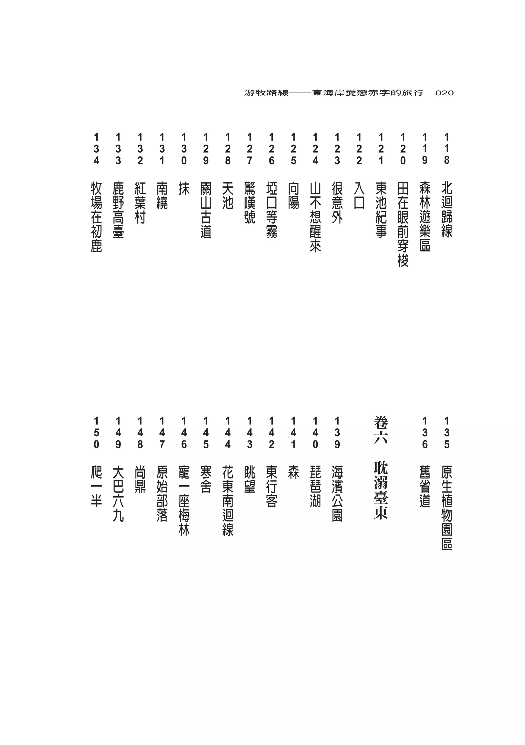 游牧路線――東海岸愛戀赤字的旅行　020




 1    1    1    1    1    1    1    1    1    1    1    1    1        1        1    1    1
 3    3    3    3    3    2    2    2    2    2    2    2    2        2        2    1    1
　4   　3   　2   　1   　0   　9   　8   　7   　6   　5   　4   　3   　2       　1       　0   　9   　8
 牧    鹿    紅    南    抹    關    天    驚    埡    向    山    很    入            東    田    森    北
 場    野    葉    繞         山    池    嘆    口    陽    不    意    口            池    在    林    迴
 在    高    村              古         號    等         想    外                 紀    眼    遊    歸
 初    臺                   道              霧         醒                      事    前    樂    線
 鹿                                                 來                           穿    區
                                                                               梭




                                                                      卷
 1    1    1    1    1    1    1    1    1    1    1    1                           1    1
 5    4    4    4    4    4    4    4    4    4    4    3
                                                                      六             3    3
　0   　9   　8   　7   　6   　5   　4   　3   　2   　1   　0   　9        　                 　6   　5
 爬    大    尚    原    寵    寒    花    眺    東    森    琵    海             耽             舊    原
 一    巴    鼎    始    一    舍    東    望    行         琶    濱             溺             省    生
 半    六         部    座         南         客         湖    公             臺             道    植
      九         落    梅         迴                        園             東                  物
                     林         線                                                         園
                                                                                         區
 