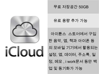 무료 저장공간 50GB


  유료 용량 추가 가능


아이튠스 스토어에서 구입
한 음악, 앱, 책과 아이폰 등
의 모바일 기기에서 활용되는
설정, 앱, 데이터, 주소록, 일
정, 메모 , i work문서 등만 백
업 및 동기화가 가능
 