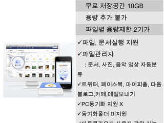 무료 저장공간 10GB
    용량 추가 불가
    파일별 용량제한 2기가

파일, 문서실행 지원
파일관리자
    : 문서, 사진, 음악 영상 자동분
류
트위터, 페이스북, 마이피플, 다음
블로그,카페,메일보내기
PC동기화 지원 X
동기화폴더 미지원
 