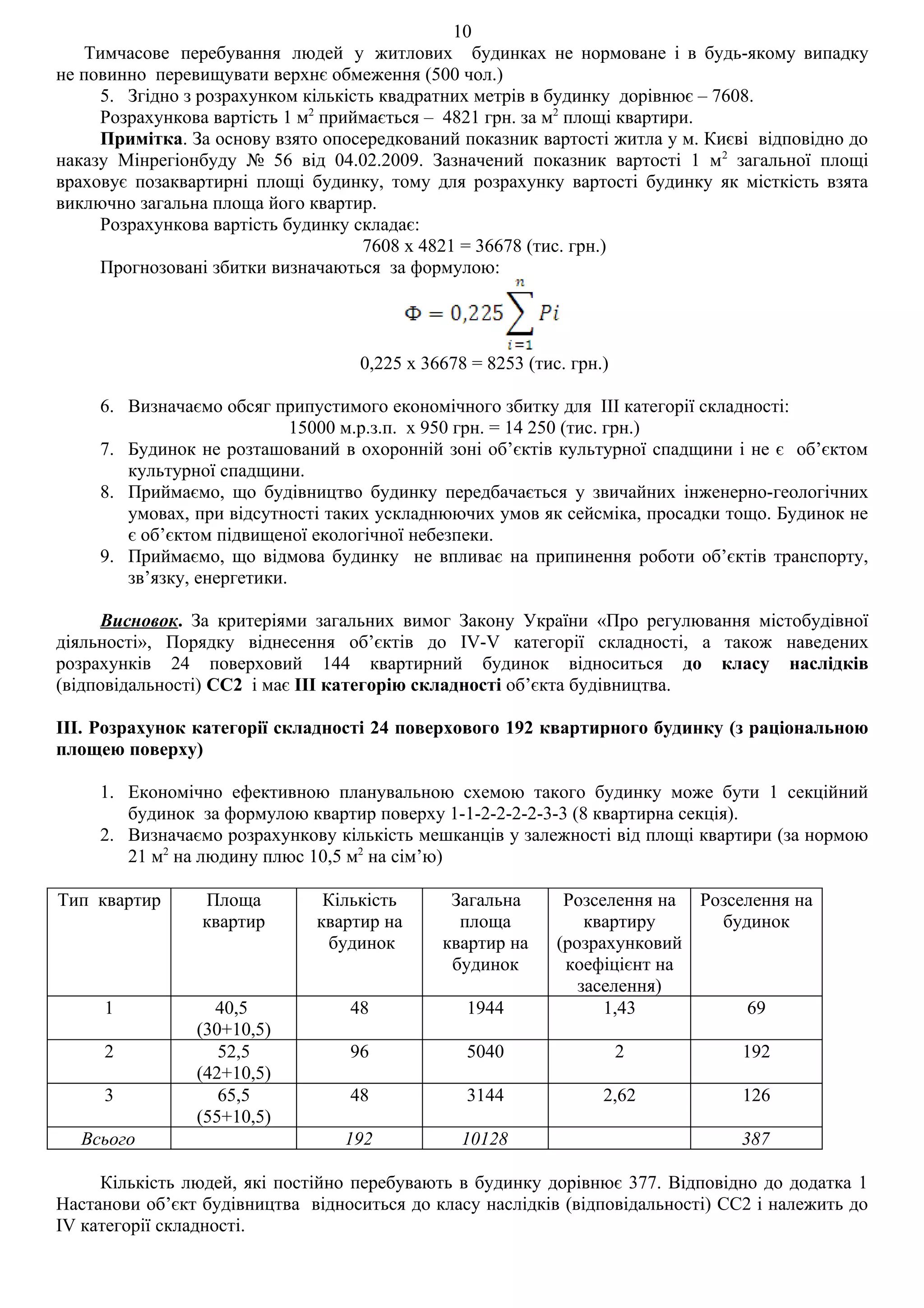 10
    Тимчасове перебування людей у житлових будинках не нормоване і в будь-якому випадку
не повинно перевищувати верхнє обмеження (500 чол.)
     5. Згідно з розрахунком кількість квадратних метрів в будинку дорівнює – 7608.
     Розрахункова вартість 1 м2 приймається – 4821 грн. за м2 площі квартири.
     Примітка. За основу взято опосередкований показник вартості житла у м. Києві відповідно до
наказу Мінрегіонбуду № 56 від 04.02.2009. Зазначений показник вартості 1 м2 загальної площі
враховує позаквартирні площі будинку, тому для розрахунку вартості будинку як місткість взята
виключно загальна площа його квартир.
     Розрахункова вартість будинку складає:
                                     7608 х 4821 = 36678 (тис. грн.)
     Прогнозовані збитки визначаються за формулою:




                                   0,225 х 36678 = 8253 (тис. грн.)

     6. Визначаємо обсяг припустимого економічного збитку для ІІІ категорії складності:
                             15000 м.р.з.п. х 950 грн. = 14 250 (тис. грн.)
     7. Будинок не розташований в охоронній зоні об’єктів культурної спадщини і не є об’єктом
        культурної спадщини.
     8. Приймаємо, що будівництво будинку передбачається у звичайних інженерно-геологічних
        умовах, при відсутності таких ускладнюючих умов як сейсміка, просадки тощо. Будинок не
        є об’єктом підвищеної екологічної небезпеки.
     9. Приймаємо, що відмова будинку не впливає на припинення роботи об’єктів транспорту,
        зв’язку, енергетики.

     Висновок. За критеріями загальних вимог Закону України «Про регулювання містобудівної
діяльності», Порядку віднесення об’єктів до IV-V категорії складності, а також наведених
розрахунків 24 поверховий 144 квартирний будинок відноситься до класу наслідків
(відповідальності) СС2 і має ІІІ категорію складності об’єкта будівництва.

ІІІ. Розрахунок категорії складності 24 поверхового 192 квартирного будинку (з раціональною
площею поверху)

     1. Економічно ефективною планувальною схемою такого будинку може бути 1 секційний
        будинок за формулою квартир поверху 1-1-2-2-2-2-3-3 (8 квартирна секція).
     2. Визначаємо розрахункову кількість мешканців у залежності від площі квартири (за нормою
        21 м2 на людину плюс 10,5 м2 на сім’ю)

Тип квартир      Площа         Кількість      Загальна       Розселення на Розселення на
                 квартир      квартир на       площа            квартиру     будинок
                               будинок       квартир на     (розрахунковий
                                              будинок        коефіцієнт на
                                                               заселення)
     1            40,5            48            1944              1,43          69
                (30+10,5)
     2             52,5           96            5040                  2          192
                (42+10,5)
     3             65,5           48            3144              2,62           126
                (55+10,5)
  Всього                          192           10128                            387

     Кількість людей, які постійно перебувають в будинку дорівнює 377. Відповідно до додатка 1
Настанови об’єкт будівництва відноситься до класу наслідків (відповідальності) СС2 і належить до
ІV категорії складності.
 