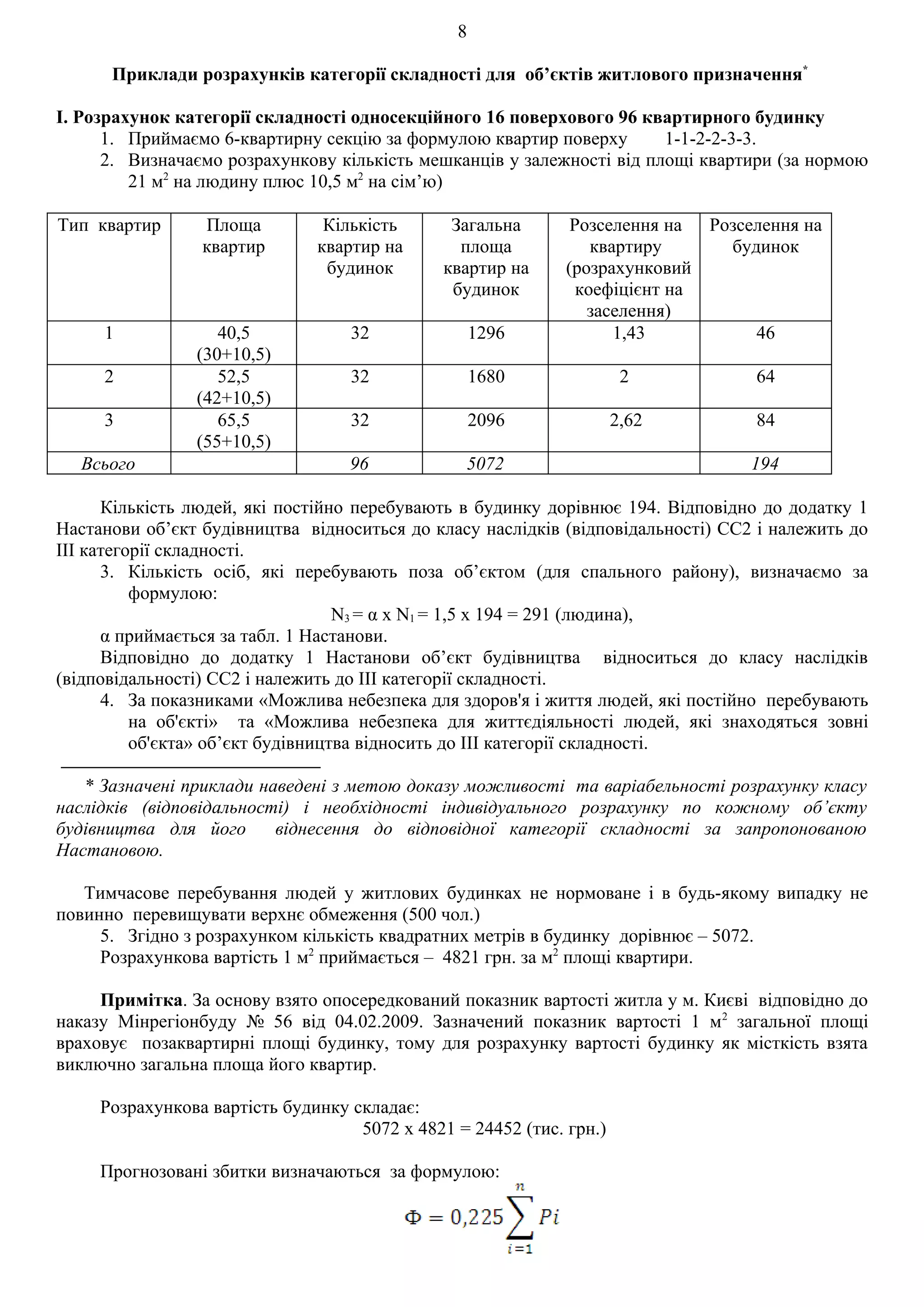 8

      Приклади розрахунків категорії складності для об’єктів житлового призначення*

І. Розрахунок категорії складності односекційного 16 поверхового 96 квартирного будинку
      1. Приймаємо 6-квартирну секцію за формулою квартир поверху       1-1-2-2-3-3.
      2. Визначаємо розрахункову кількість мешканців у залежності від площі квартири (за нормою
         21 м2 на людину плюс 10,5 м2 на сім’ю)

Тип квартир      Площа          Кількість       Загальна       Розселення на Розселення на
                 квартир       квартир на        площа            квартиру     будинок
                                будинок        квартир на     (розрахунковий
                                                будинок         коефіцієнт на
                                                                 заселення)
     1             40,5            32               1296             1,43         46
                (30+10,5)
     2             52,5            32               1680               2          64
                (42+10,5)
     3             65,5            32               2096              2,62        84
                (55+10,5)
  Всього                           96            5072                             194

      Кількість людей, які постійно перебувають в будинку дорівнює 194. Відповідно до додатку 1
Настанови об’єкт будівництва відноситься до класу наслідків (відповідальності) СС2 і належить до
ІІІ категорії складності.
      3. Кількість осіб, які перебувають поза об’єктом (для спального району), визначаємо за
          формулою:
                                   N3 = α x N1 = 1,5 х 194 = 291 (людина),
      α приймається за табл. 1 Настанови.
      Відповідно до додатку 1 Настанови об’єкт будівництва відноситься до класу наслідків
(відповідальності) СС2 і належить до ІІІ категорії складності.
      4. За показниками «Можлива небезпека для здоров'я і життя людей, які постійно перебувають
          на об'єкті» та «Можлива небезпека для життєдіяльності людей, які знаходяться зовні
          об'єкта» об’єкт будівництва відносить до ІІІ категорії складності.

   * Зазначені приклади наведені з метою доказу можливості та варіабельності розрахунку класу
наслідків (відповідальності) і необхідності індивідуального розрахунку по кожному об’єкту
будівництва для його      віднесення до відповідної категорії складності за запропонованою
Настановою.

   Тимчасове перебування людей у житлових будинках не нормоване і в будь-якому випадку не
повинно перевищувати верхнє обмеження (500 чол.)
     5. Згідно з розрахунком кількість квадратних метрів в будинку дорівнює – 5072.
     Розрахункова вартість 1 м2 приймається – 4821 грн. за м2 площі квартири.

     Примітка. За основу взято опосередкований показник вартості житла у м. Києві відповідно до
наказу Мінрегіонбуду № 56 від 04.02.2009. Зазначений показник вартості 1 м2 загальної площі
враховує позаквартирні площі будинку, тому для розрахунку вартості будинку як місткість взята
виключно загальна площа його квартир.

     Розрахункова вартість будинку складає:
                                    5072 х 4821 = 24452 (тис. грн.)

     Прогнозовані збитки визначаються за формулою:
 