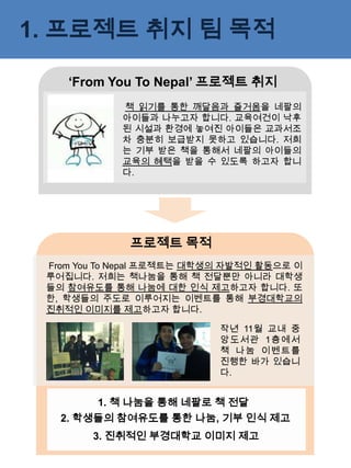 1. 프로젝트 취지 팀 목적

    ‘From You To Nepal’ 프로젝트 취지
            책 읽기를 통한 깨달음과 즐거움을 네팔의
            아이들과 나누고자 합니다. 교육여건이 낙후
            된 시설과 환경에 놓여진 아이들은 교과서조
            차 충분히 보급받지 못하고 있습니다. 저희
            는 기부 받은 책을 통해서 네팔의 아이들의
            교육의 혜택을 받을 수 있도록 하고자 합니
            다.




              프로젝트 목적
 From You To Nepal 프로젝트는 대학생의 자발적인 활동으로 이
 루어집니다. 저희는 책나눔을 통해 책 전달뿐만 아니라 대학생
 들의 참여유도를 통해 나눔에 대한 인식 제고하고자 합니다. 또
 한, 학생들의 주도로 이루어지는 이벤트를 통해 부경대학교의
 진취적인 이미지를 제고하고자 합니다.

                            작년 11월 교내 중
                            앙도서관 1층에서
                            책 나눔 이벤트를
                            진행한 바가 있습니
                            다.


         1. 책 나눔을 통해 네팔로 책 전달
   2. 학생들의 참여유도를 통한 나눔, 기부 인식 제고
        3. 진취적인 부경대학교 이미지 제고
 
