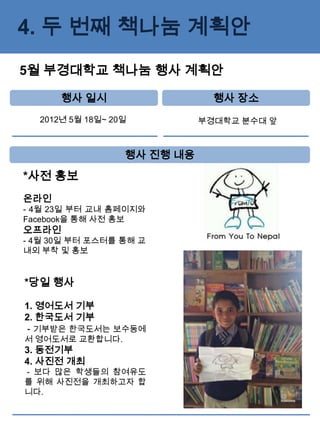 4. 두 번째 책나눔 계획안
5월 부경대학교 책나눔 행사 계획안

      행사 일시                    행사 장소
  2012년 5월 18일~ 20일          부경대학교 분수대 앞



                  행사 진행 내용

*사전 홍보
온라인
- 4월 23일 부터 교내 홈페이지와
Facebook을 통해 사전 홍보
오프라인
- 4월 30일 부터 포스터를 통해 교
내외 부착 및 홍보


*당일 행사

1. 영어도서 기부
2. 한국도서 기부
 - 기부받은 한국도서는 보수동에
서 영어도서로 교환합니다.
3. 동전기부
4. 사진전 개최
- 보다 많은 학생들의 참여유도
를 위해 사진전을 개최하고자 합
니다.
 