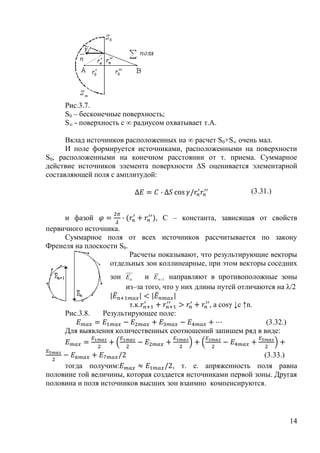 Рис.3.7.
     S0 – бесконечные поверхность;
     S∞ - поверхность с ∞ радиусом охватывает т.А.

      Вклад источников расположенных на ∞ расчет S0+S∞ очень мал.
      И поле формируется источниками, расположенными на поверхности
S0, расположенными на конечном расстоянии от т. приема. Суммарное
действие источников элемента поверхности ∆S оценивается элементарной
составляющей поля с амплитудой:

                                                             (3.31.)


     и фазой                    , С – константа, зависящая от свойств
первичного источника.
     Суммарное поля от всех источников рассчитывается по закону
Френеля на плоскости S0.
                         Расчеты показывают, что результирующие векторы
                  отдельных зон коллинеарные, при этом векторы соседних
                  зон En    и E n 1 направляют в противоположные зоны
                      из–за того, что у них длины путей отличаются на λ/2

                       т.к.                    , а cosγ ↓c ↑n.
     Рис.3.8.   Результирующее поле:
                                                             (3.32.)
     Для выявления количественных соотношений запишем ряд в виде:


                                                               (3.33.)
     тогда получим:                 , т. е. апряженность поля равна
половине той величины, которая создается источниками первой зоны. Другая
половина и поля источников высших зон взаимно компенсируются.




                                                                       14
 