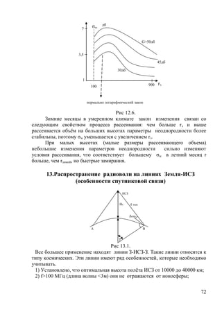 ζм    дб
                    7


                                                            G>50дб


                   3,5
                                                                      45дб

                                         30дб

                     1
                           100                                  900   rэ


                         нормально логарифмический закон

                                     Рис 12.6.
      Зимние месяцы в умеренном климате закон изменения связан со
следующим свойством процесса рассеивания: чем больше rэ и выше
рассеивается объѐм на больших высотах параметры неоднородности более
стабильны, поэтому ζм уменьшается с увеличением rэ.
      При малых высотах (малые размеры рассеивающего объема)
небольшие изменения параметров неоднородности       сильно изменяют
условия рассеивания, что соответствует большему ζм в летний месяц r
больше, чем rзимой, но быстрые замирания.

      13.Распространение радиоволн на линиях Земля-ИСЗ
                (особенности спутниковой связи)
                                              ИСЗ


                                           Hc       r max

                                                    ∆min


                           A                                B


                                          γ
                                 Рис 13.1.
 Все большее применение находят линии З-ИСЗ-З. Такие линии относятся к
типу космических. Эти линии имеют ряд особенностей, которые необходимо
учитывать.
 1) Установлено, что оптимальная высота полѐта ИСЗ от 10000 до 40000 км;
 2) f>100 МГц (длина волны <3м) они не отражаются от ионосферы;


                                                                             72
 