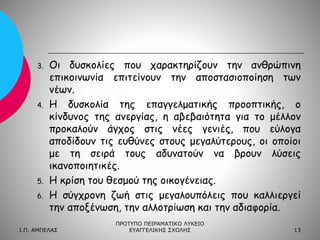 3.

4.

5.
6.

Οι δυσκολίες που χαρακτηρίζουν την ανθρώπινη
επικοινωνία επιτείνουν την αποστασιοποίηση των
νέων.
Η δυσκολία της επαγγελματικής προοπτικής, ο
κίνδυνος της ανεργίας, η αβεβαιότητα για το μέλλον
προκαλούν άγχος στις νέες γενιές, που εύλογα
αποδίδουν τις ευθύνες στους μεγαλύτερους, οι οποίοι
με τη σειρά τους αδυνατούν να βρουν λύσεις
ικανοποιητικές.
Η κρίση του θεσμού της οικογένειας.
Η σύγχρονη ζωή στις μεγαλουπόλεις που καλλιεργεί
την αποξένωση, την αλλοτρίωση και την αδιαφορία.

Ι.Π. ΑΜΠΕΛΑΣ

ΠΡΟΤΥΠΟ ΠΕΙΡΑΜΑΤΙΚΟ ΛΥΚΕΙΟ
ΕΥΑΓΓΕΛΙΚΗΣ ΣΧΟΛΗΣ

13

 