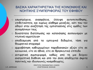 ΒΑΣΙΚΑ ΧΑΡΑΚΤΗΡΙΣΤΙΚΑ ΤΗΣ ΚΟΙΝΩΝΙΚΗΣ ΚΑΙ
ΝΟΗΤΙΚΗΣ ΣΥΜΠΕΡΙΦΟΡΑΣ ΤΟΥ ΕΦΗΒΟΥ










εσωστρέφεια, ανασφάλεια, έλλειψη αυτοπεποίθησης,
επιθετικότητα, και κυρίως αίσθημα μοναξιάς, κάτι που τον
οδηγεί στην αναζήτηση της εμπιστοσύνης στις ομάδες των
συνομήλικων τους
δυνατότητα διατύπωσης και κατανόησης συλλογισμών με
«τυπική νομοτέλεια»
αποδέσμευση από τα εμπειρικά δεδομένα, τάση για
θεωρητικό στοχασμό
αμφισβήτηση καθιερωμένων παραδοσιακών αξιών είτε σε
κοινωνικό, είτε σε ηθικό, είτε σε θρησκευτικό επίπεδο
αντιφατική συμπεριφορά, καθώς από τη μια δείχνει
ανατρεπτική διάθεση και από την άλλη αποδέχεται άκριτα
πολιτικές και ιδεολογικές κοσμοθεωρίες.

Ι.Π. ΑΜΠΕΛΑΣ

ΠΡΟΤΥΠΟ ΠΕΙΡΑΜΑΤΙΚΟ ΛΥΚΕΙΟ
ΕΥΑΓΓΕΛΙΚΗΣ ΣΧΟΛΗΣ

5

 