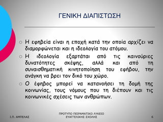 ΓΕΝΙΚΗ ΔΙΑΠΙΣΤΩΣΗ







Η εφηβεία είναι η εποχή κατά την οποία αρχίζει να
διαμορφώνεται και η ιδεολογία του ατόμου.
Η ιδεολογία εξαρτάται από τις καινούριες
δυνατότητες
σκέψης,
αλλά
και
από
τη
συναισθηματική κινητοποίηση του εφήβου, την
ανάγκη να βρει τον δικό του χώρο.
Ο έφηβος μπορεί να κατανοήσει τη δομή της
κοινωνίας, τους νόμους που τη διέπουν και τις
κοινωνικές σχέσεις των ανθρώπων.

Ι.Π. ΑΜΠΕΛΑΣ

ΠΡΟΤΥΠΟ ΠΕΙΡΑΜΑΤΙΚΟ ΛΥΚΕΙΟ
ΕΥΑΓΓΕΛΙΚΗΣ ΣΧΟΛΗΣ

6

 