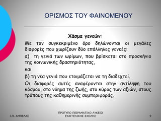 ΟΡΙΣΜΟΣ ΤΟΥ ΦΑΙΝΟΜΕΝΟΥ
Χάσμα γενεών:
Με τον συγκεκριμένο όρο δηλώνονται οι μεγάλες
διαφορές που χωρίζουν δύο επάλληλες γενεές:
α) τη γενιά των ωρίμων, που βρίσκεται στο προσκήνιο
της κοινωνικής δραστηριότητας,
και
β) τη νέα γενιά που ετοιμάζεται να τη διαδεχτεί.
Οι διαφορές αυτές αναφέρονται στην αντίληψη του
κόσμου, στο νόημα της ζωής, στο κύρος των αξιών, στους
τρόπους της καθημερινής συμπεριφοράς.

Ι.Π. ΑΜΠΕΛΑΣ

ΠΡΟΤΥΠΟ ΠΕΙΡΑΜΑΤΙΚΟ ΛΥΚΕΙΟ
ΕΥΑΓΓΕΛΙΚΗΣ ΣΧΟΛΗΣ

9

 