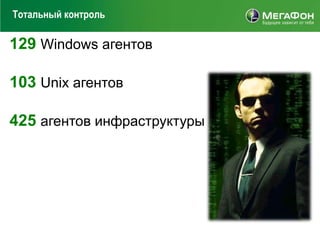 Тотальный контроль

129 Windows агентов

103 Unix агентов

425 агентов инфраструктуры
 