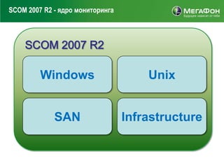 SCOM 2007 R2 - ядро мониторинга




         Windows                      Unix


             SAN                  Infrastructure
 
