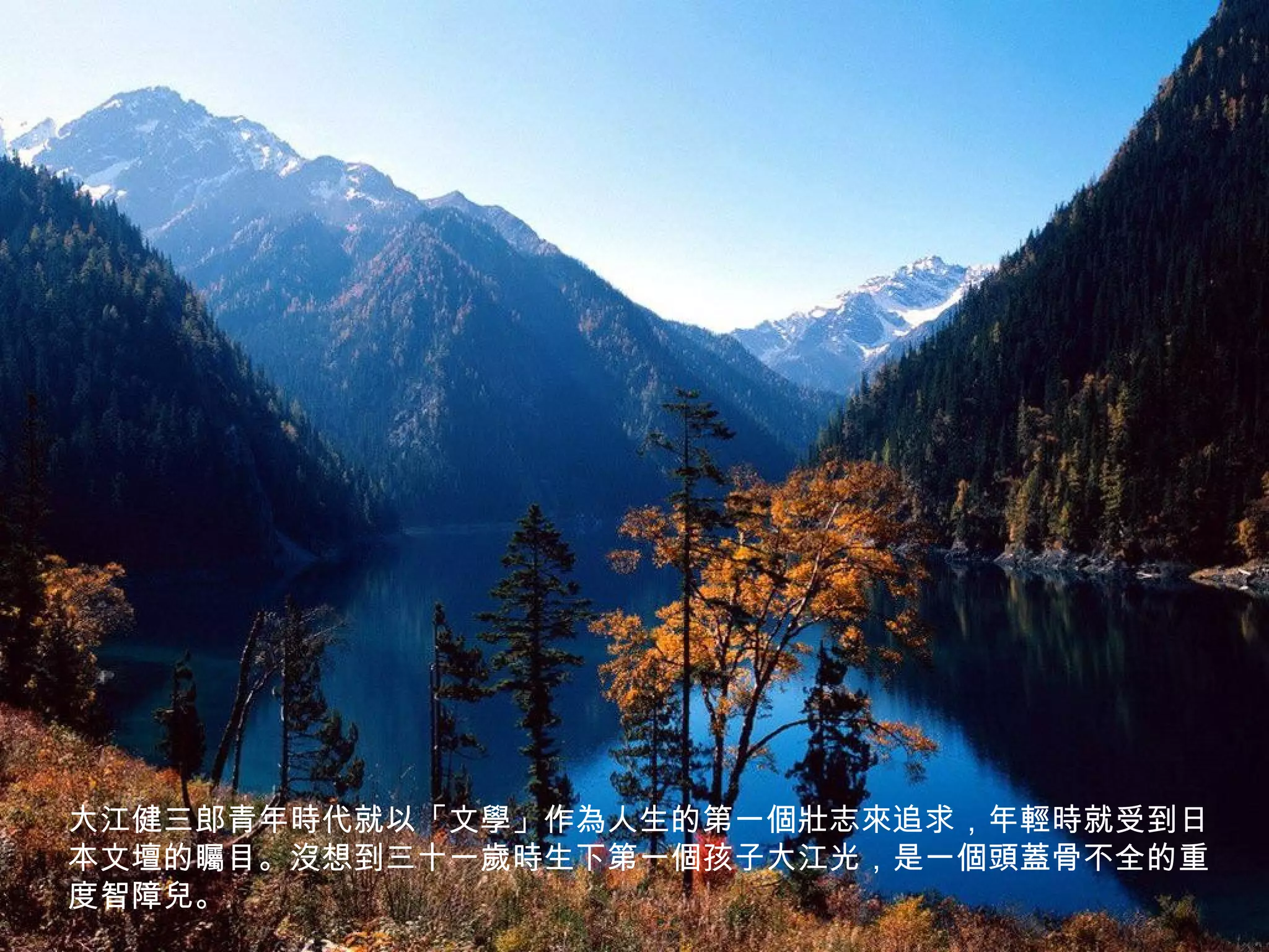 大江健三郎青年時代就以「文學」作為人生的第一個壯志來追求，年輕時就受到日
本文壇的矚目。沒想到三十一歲時生下第一個孩子大江光，是一個頭蓋骨不全的重
度智障兒。
 