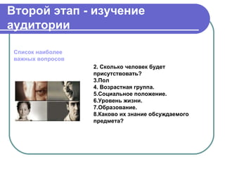 Второй этап - изучение
аудитории

 Список наиболее
 важных вопросов
                   2. Сколько человек будет
                   присутствовать?
                   3.Пол
                   4. Возрастная группа.
                   5.Социальное положение.
                   6.Уровень жизни.
                   7.Образование.
                   8.Каково их знание обсуждаемого
                   предмета?
 