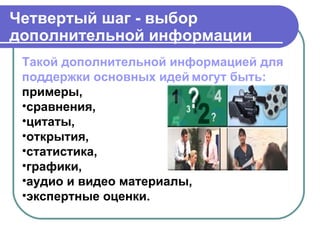 Четвертый шаг - выбор
дополнительной информации
 Такой дополнительной информацией для
 поддержки основных идей могут быть:
 примеры,
 •сравнения,
 •цитаты,
 •открытия,
 •статистика,
 •графики,
 •аудио и видео материалы,
 •экспертные оценки.
 