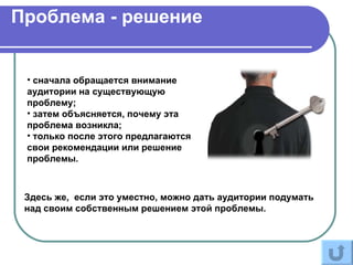 Проблема - решение


 • сначала обращается внимание
 аудитории на существующую
 проблему;
 • затем объясняется, почему эта
 проблема возникла;
 • только после этого предлагаются
 свои рекомендации или решение
 проблемы.



 Здесь же, если это уместно, можно дать аудитории подумать
 над своим собственным решением этой проблемы.
 