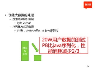 • 优化大数据的处理
 – 搜索结果解析案例
    • Byte 2 char
 – 序列化方式的选择
    • thrift，protobuffer vs java序列化


                       20W用户数据的测试
          时间
                       PB比java序列化，性
           &
          size
                         能消耗减少2/3

                                      34
 