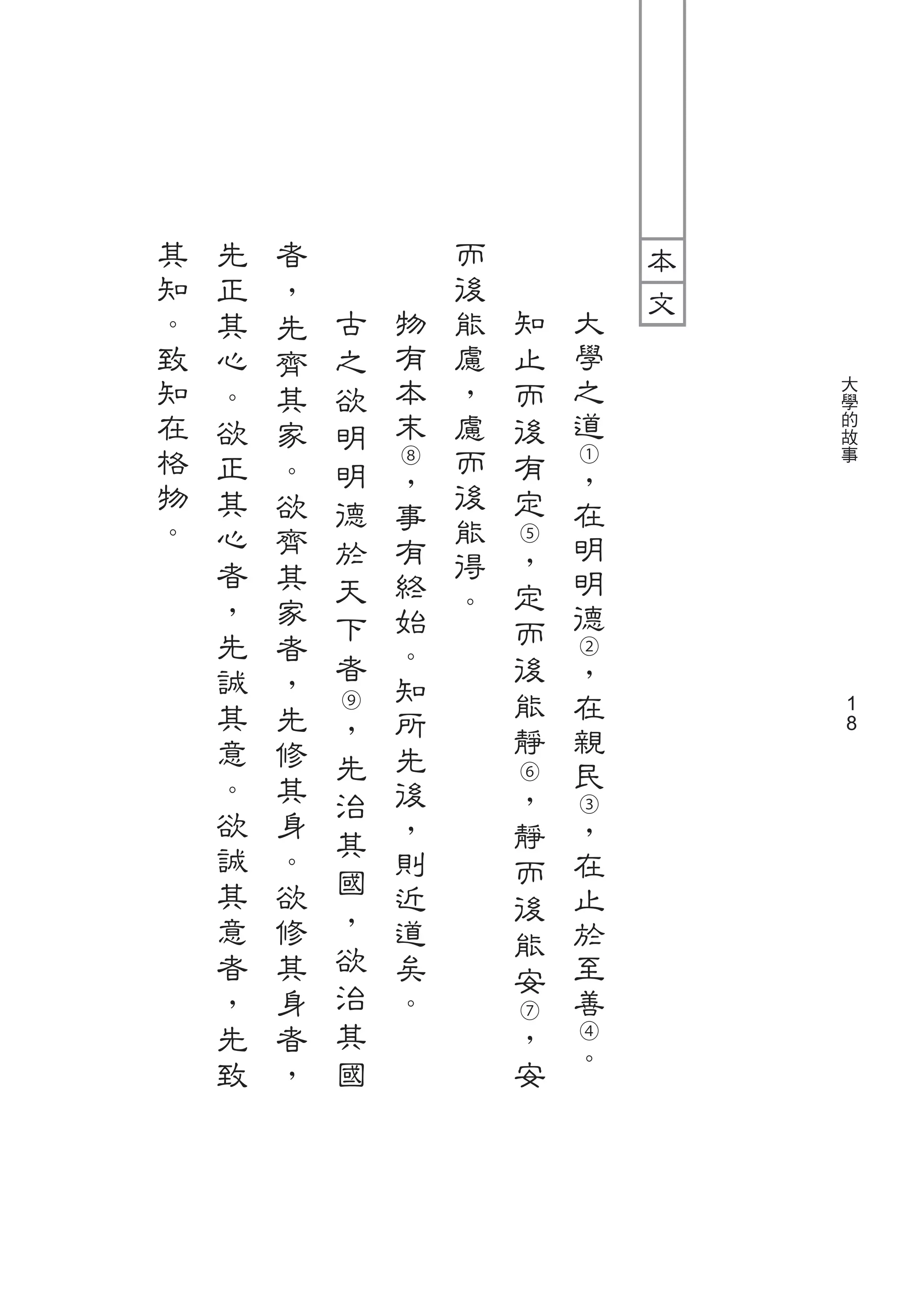 其   先   者           而
知   正   ，           後
。   其   先   古   物   能   知   大
致   心   齊   之   有   慮   止   學
知   。   其   欲   本   ，   而   之   大

在   欲   家   明   末   慮   後   道   學
                                的
                                故
格   正   。   明   ⑧   而   有   ①   事
物               ，   後       ，
    其   欲   德   事       定   在
。   心   齊           能   ⑤
            於   有   得   ，   明
    者   其   天   終           明
    ，   家           。   定
            下   始       而   德
    先   者       。           ②
    誠   ，   者           後   ，
            ⑨
                知       能   在
    其   先   ，   所               1
    意   修               靜   親   1
            先   先           民
                        ⑥
    。   其   治   後       ，   ③
    欲   身       ，       靜   ，
    誠   。   其
                則       而   在
    其   欲   國   近           止
            ，           後
    意   修       道       能   於
    者   其   欲   矣           至
            治           安
    ，   身       。       ⑦
                            善
    先   者   其           ，   ④
    致   ，   國           安   。
 