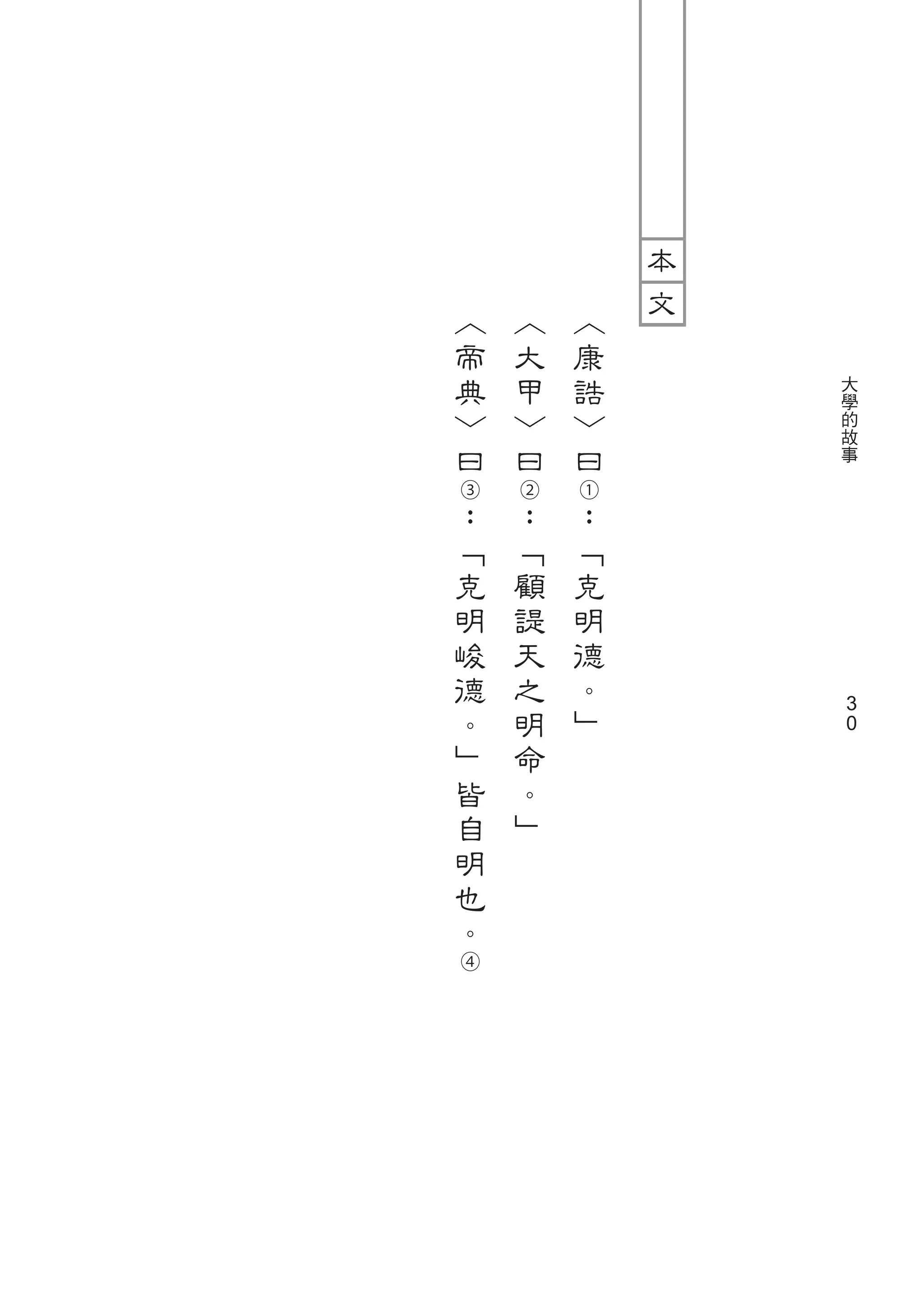︿   ︿   ︿
帝   大   康
典   甲   誥   大
            學
﹀   ﹀   ﹀   的
曰   曰   曰   故
            事
③   ②   ①
：   ：   ：
﹁   ﹁   ﹁
克   顧   克
明   諟   明
峻   天   德
德   之   。
。   明   ﹂   3
            3
﹂   命
皆   。
自   ﹂
明
也
。
④
 