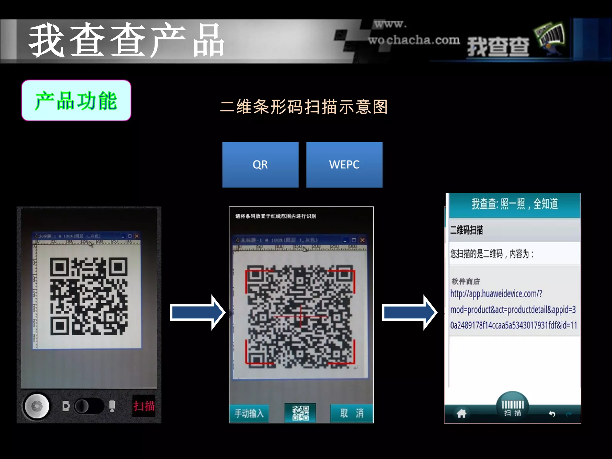 我查查产品
    二维条形码扫描示意图
 