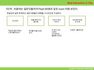 Real Interactive m City

1단계 : 처음에는 일반인들에게 Flash MOB과 같은 event 처럼 보인다.
현실상에 실제 존재하는 일반사람들의 경험을 시나리오로 구성한다.


               퍼즐 맞추기의       이야기 속의        어드벤처 장르
   시나리오
                 즐거움          이야기            의 소재




 현실의 일반사람의                  다 변수 서사     다양한 시뮬레이션
              추리를 이끌어내는
 스토리를 담는다                   스토리
              단서
                            시나리오와
                            돌발형 스토리




                                       Creative Thinking & Technology
 