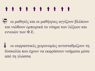     
  οι μαθητές και οι μαθήτριες αγγίζουν βλέπουν
και νιώθουν εμπειρικά το νόημα των λέξεων και
εννοιών των Φ.Ε.


  οι εκφραστικές χειρονομίες αντισταθμίζουν τη
δυσκολία που έχουν να εκφράσουν νοήματα μέσα
από τη γλώσσα
 