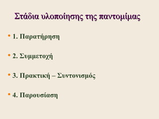Στάδια υλοποίησης της παντομίμας

   1. Παρατήρηση

   2. Συμμετοχή

   3. Πρακτική – Συντονισμός

   4. Παρουσίαση
 