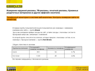 Измерение наружной рекламы, ТВ-рекламы, печатной рекламы, бумажных
раздаточных материалов (и другие оффлайн носители)

Телефонный мониторинг в системе веб-аналитики. Контроль конверсии сайта по
сегментам.
 
