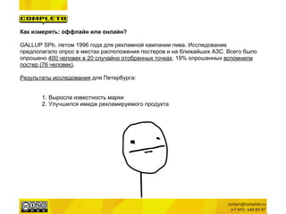 Как измерять: оффлайн или онлайн?

GALLUP SPb. летом 1996 года для рекламной кампании пива. Исследование
предполагало опрос в местах расположения постеров и на ближайших АЗС. Всего было
опрошено 400 человек в 20 случайно отобранных точках. 19% опрошенных вспомнили
постер (76 человек).

Результаты исследования для Петербурга:


       1. Выросла известность марки
       2. Улучшился имидж рекламируемого продукта
 