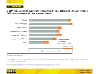 В 2011 году месячная аудитория интернета в России составила 54,5 млн человек
(47% совершеннолетнего населения страны)




По данным сomScore, в сентябре прошлого года Россия вышла на первое место в Европе по количеству
интернет-пользователей

http://company.yandex.ru/researches/reports/internet_regions_2012.xml
 