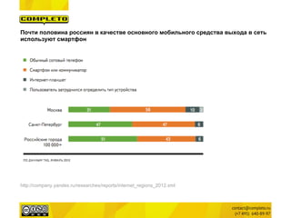 Почти половина россиян в качестве основного мобильного средства выхода в сеть
используют смартфон




http://company.yandex.ru/researches/reports/internet_regions_2012.xml
 